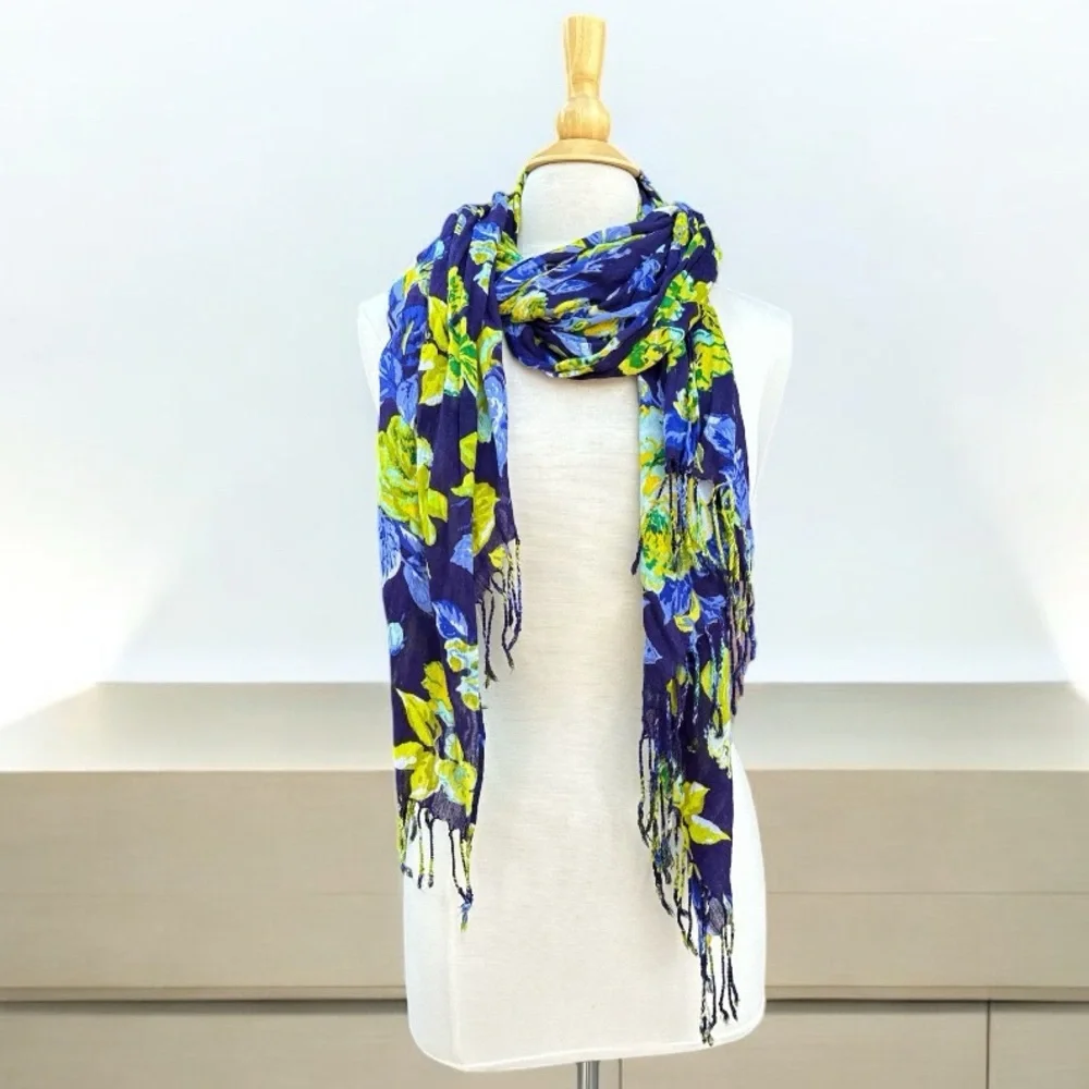 Isaac Mizrahi Blue Yellow Floral Scarf Fringe Wrap Shawl 70x26 OS